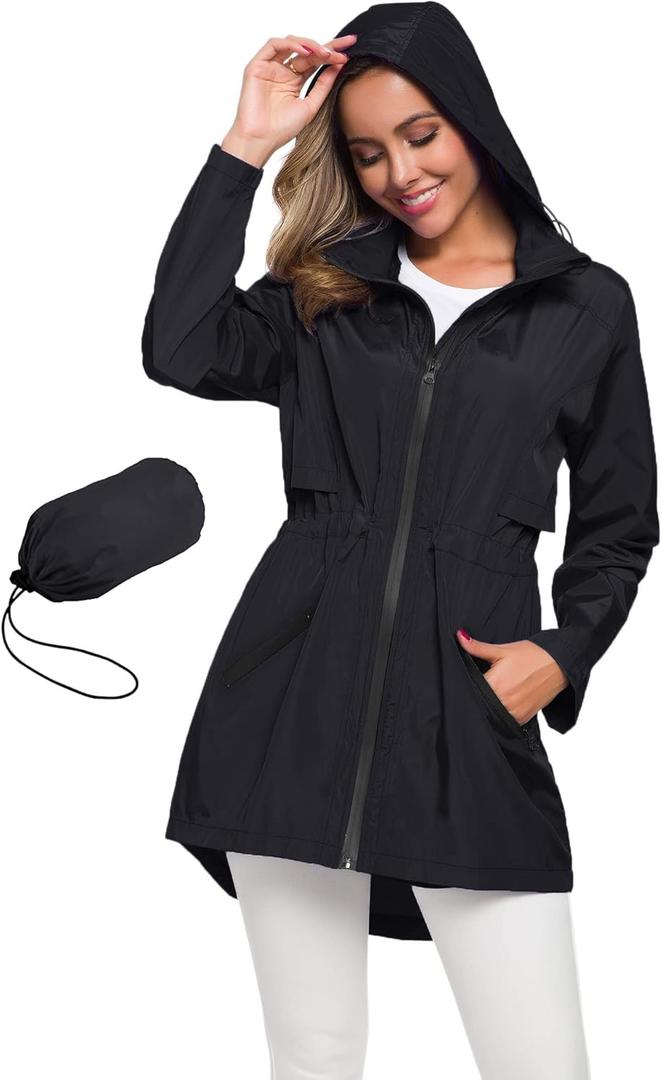 Avoogue Women's Long Raincoat with Hood Outdoor Lightweight Windbreaker Rain Jacket Waterproof (Large, Black)