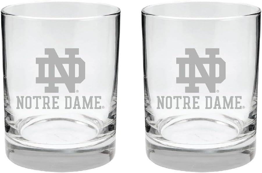Notre Dame Fighting Irish Whiskey Glass Set  2-Sided Satin Finish Rock Glasses  Heavy-Duty Notre Dame Glassware  Cocktail & Bourbon Glasses  Boxed Set of 2, 14 oz
