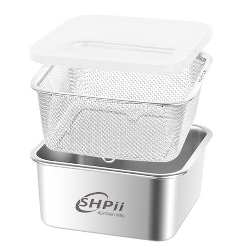 SHPii Square Colander Set, 304 stainless steel, with PE lid, deli containers, back of the kitchen preparation, washing and draining tools, refrigerator storage, frying oil filter (2500ML)