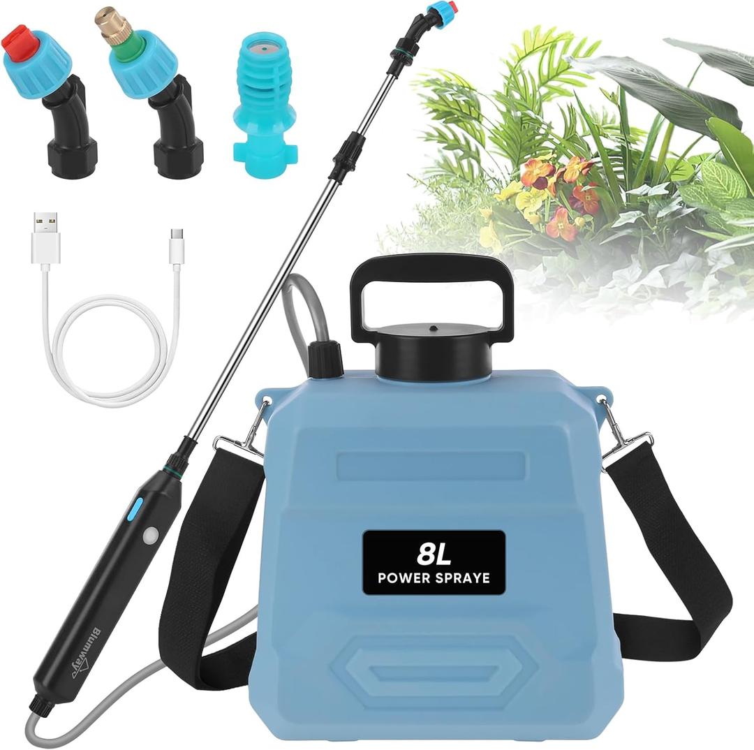 BlumWay Battery Powered Sprayer 2 Gallon,Powerful Electric Sprayer with 3 Mist Nozzles, Retractable Wand, Garden Water Spray with Adjustable Shoulder Strap for Lawn,Gardening (1-Blue)