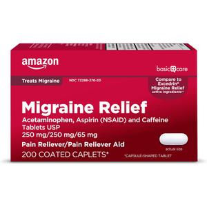Amazon Basic Care Migraine Relief Acetaminophen, Aspirin (NSAID) and Caffeine Tablets, Pain Reliever/Pain Reliever Aid, 200 Count