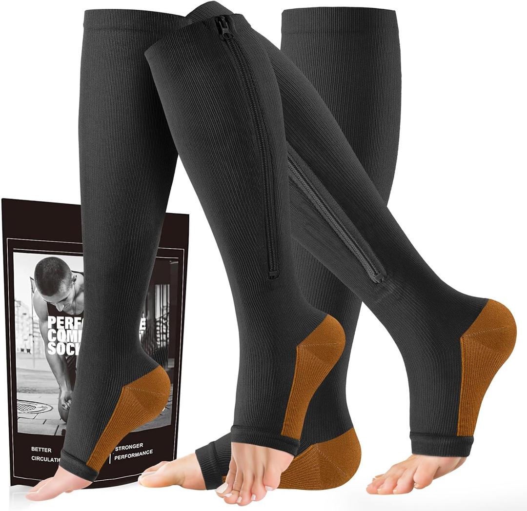 cerpite Zipper Compression Socks - 2 Pairs Open Toe Compression Stockings for Men Women 15-20mmHg,Suit for Running, Sport (Large-X-Large, Black Copper)