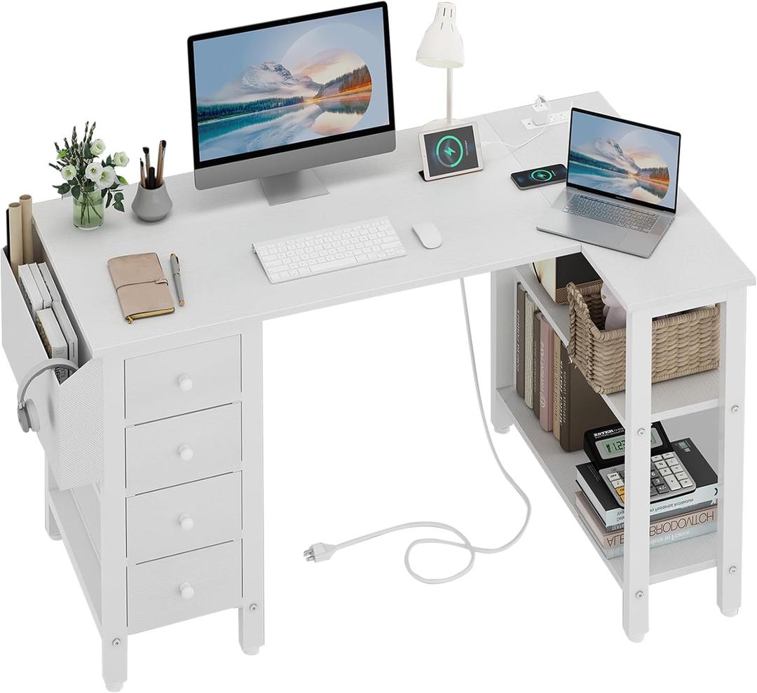 Lufeiya White L Shaped Computer Desk with Drawers & Storage Shelves, 47 Inch Corner Reversible Desk with Power Outlet for Home Office Bedroom, L-Shaped Teen PC Desks with Fabric Drawer, White (47.2")