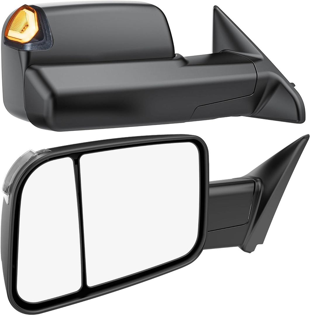 WHALEMOTOR Power Heated Tow Mirrors Compatible with 2019-2024 Dodge Ram 1500 Only (Not fit Classic), Manual Flip & Fold Tow Side Mirrors w/Blind Spot Detection, Turn Signal, Puddle Light, Temp Sensor, 24.8 inches