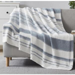 WRENGONGE Grey Blue Throw Blanket, 60x80 Soft Cozy Striped Throw Blankets for Couch, Sofa, Bed, Travel, Lightweight Fluffy Warm Plush Decorative Blankets for Women, Men Gift