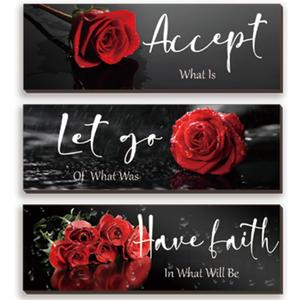 ZINYAZHE 3 Pcs Red Decor Flower Inspirational Wooden Wall Art Red Roses Office Wall Decor with Accept Let Go Have Faith Positive Quotes for Girl Women Bathroom Living Room Bedroom(16 x 5 Inch)