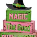 4 Pcs Pink Green Party Decorations Witch and Princess Table Decor Witchy Hat Wooden Signs Farmhouse Pink Green Witch and Princess Table Centerpiece for Home Office Desk Shelf Party Decorations