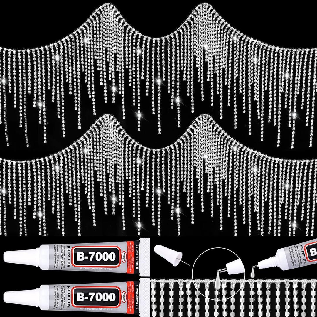 Rhinestone Fringe with Glue, Rhinestone Tassel Trim, Sparkling Sliver Diamond Crystal Tassel Fringe Trim Chain for Jeans Jacket Wedding Dress Cowgirl Outfit Belt Female Jewelry (1 Yard)