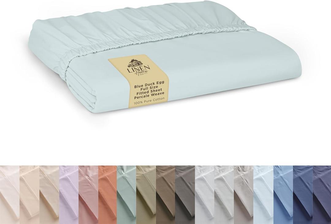 Linen Home 100% Cotton Percale Weave Fitted Sheet, Full Size, Blue Duck Egg, 1 Deep Pocket Fitted Sheet, Fits Mattress Upto 16" Crisp and Cool Strong Bed Linen, 54"X75"+15"