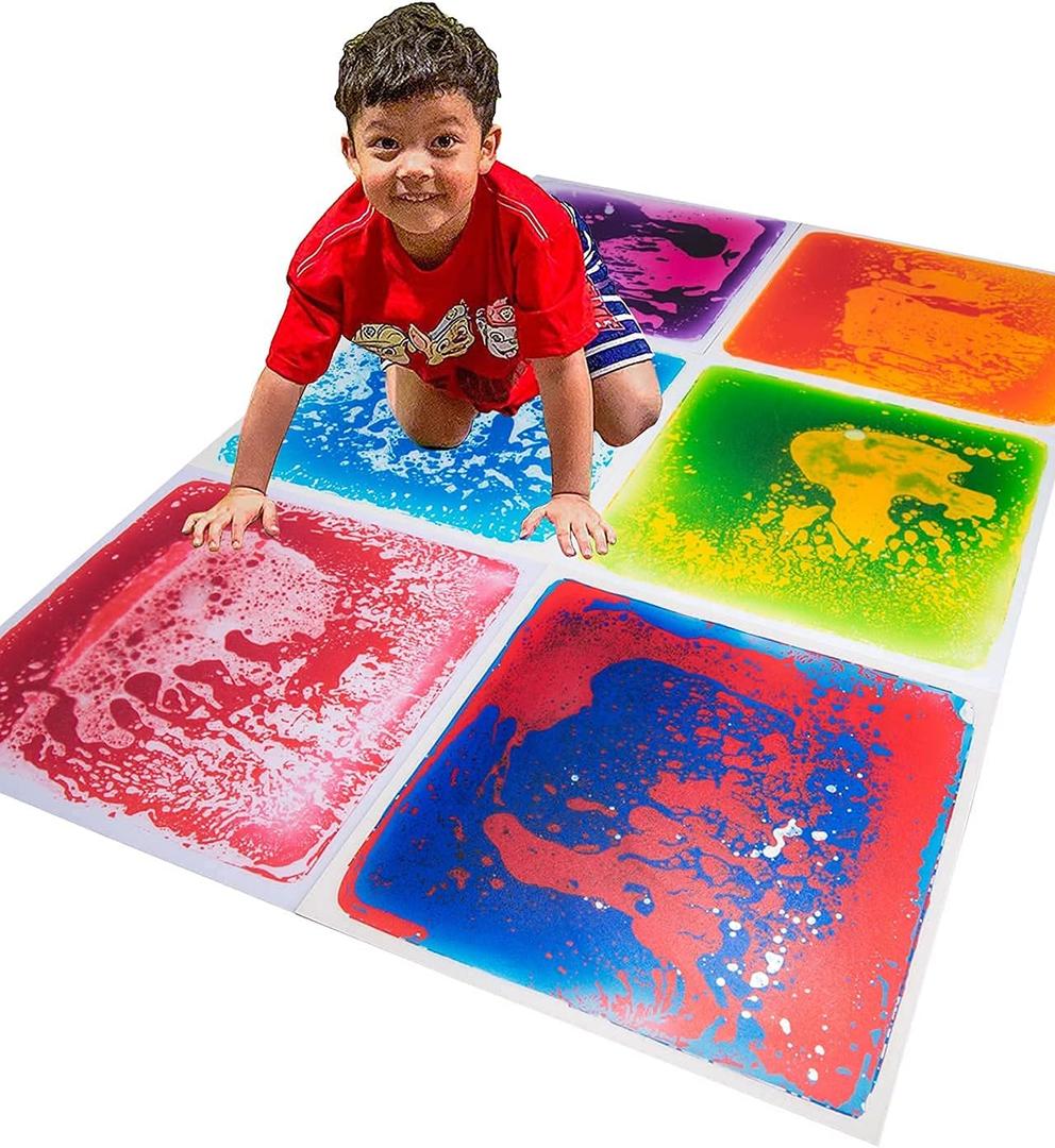 Art3d 6-Tile Sensory Room Tile Multi-Color Exercise Mat Liquid Encased Floor Playmat Kids Play Floor Tile, 19.7" Large Tile 16 Sq.Ft (Red, Blue, Purple-pink, Red-blue, Orange-red, Green-yellow)