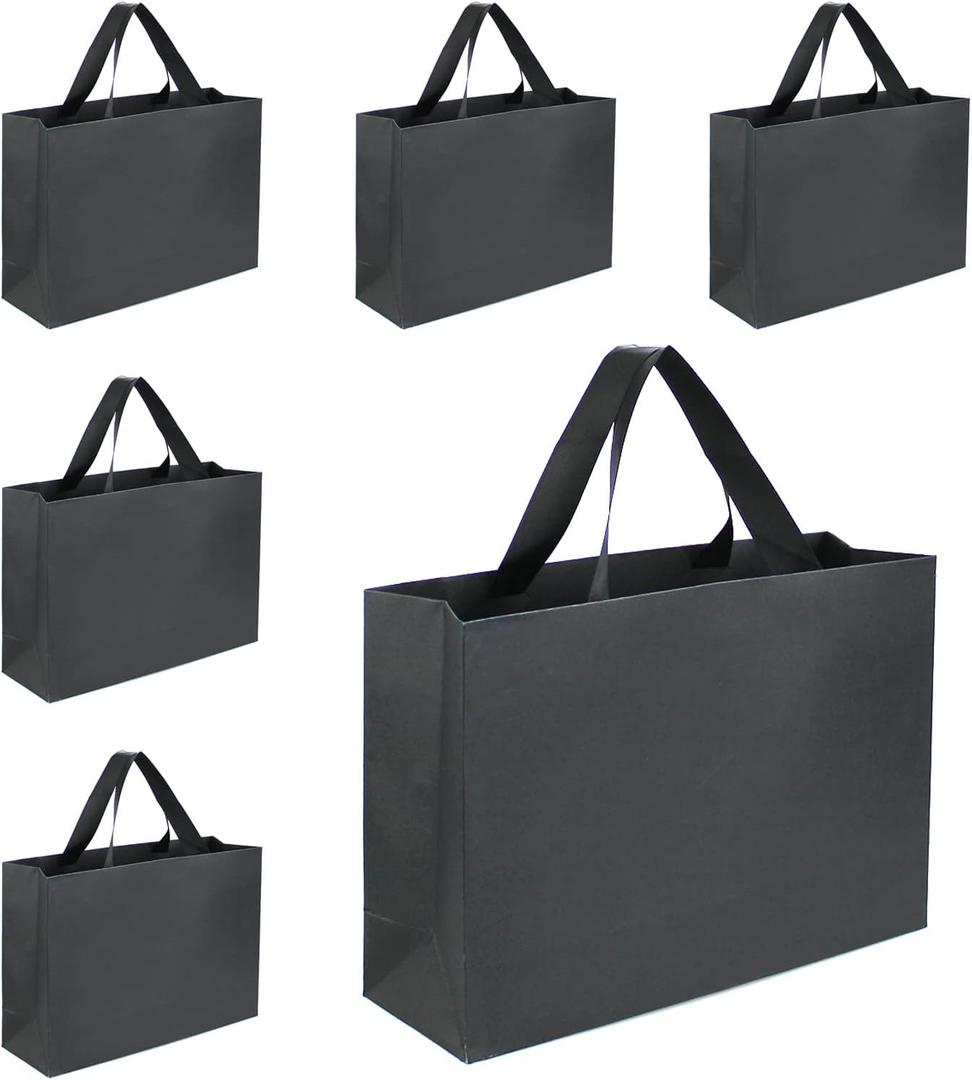 Xloey Black Gift Bags with Handles,6 Pcs 12.6"x4"x8.7" Black Gift Bag,Paper Shopping Bags with Ribbon Handles,for Merchandise Business,Retail,Valentine's Day, Birthday,Wedding,Christmas,Party