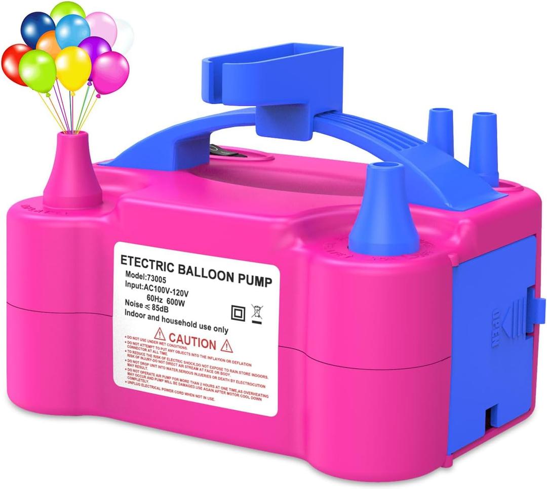 IDAODAN Electric Balloon Pump, Portable Electric Balloon Blower Machine Balloon Air Pump Dual Nozzle Rose Red 110V 600W Balloon Inflator for Party Decorations
