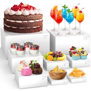 8 Pcs Buffet Food Risers,11*11" Large Acrylic Dessert Cupcake Table Stands White Fruit Display Shelf Catering Supplies Party Jewelry Show Decor Risers Cube Box Nesting with Hollow Bottoms 7 Sizes