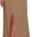 Minclouse Women's Elastic Tie Waist Button Down Maxi Skirts Casual Loose Flowy Swing Slit Front Dress (Medium, Khaki)