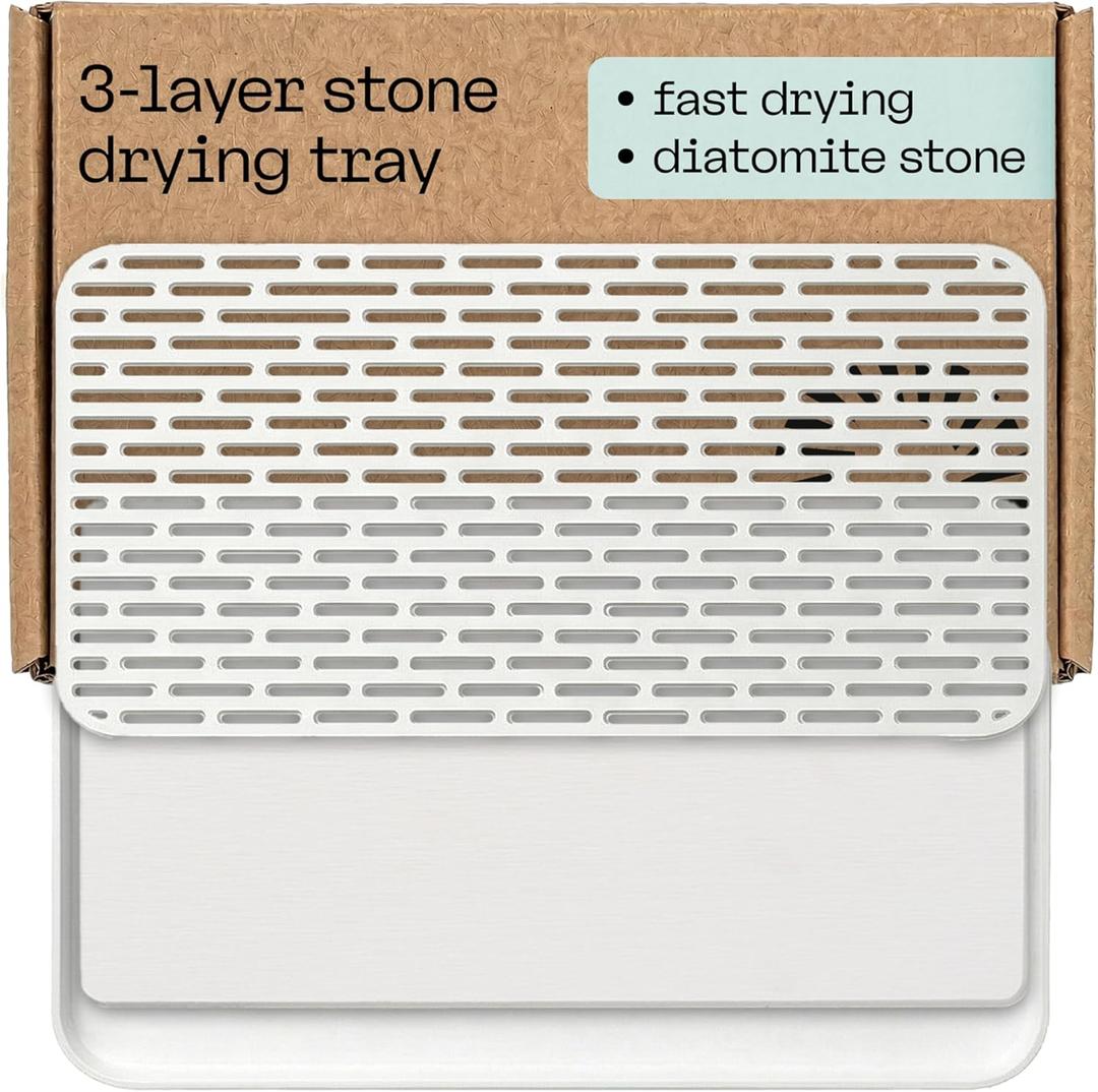 Deepstone 3Layer Stone Dish Drying Mat for Kitchen Counter  Diatomaceous Earth Quick Dry Mat with Removable Plastic Topper and NonSlip Base Pad, 16 x 9 in (White)