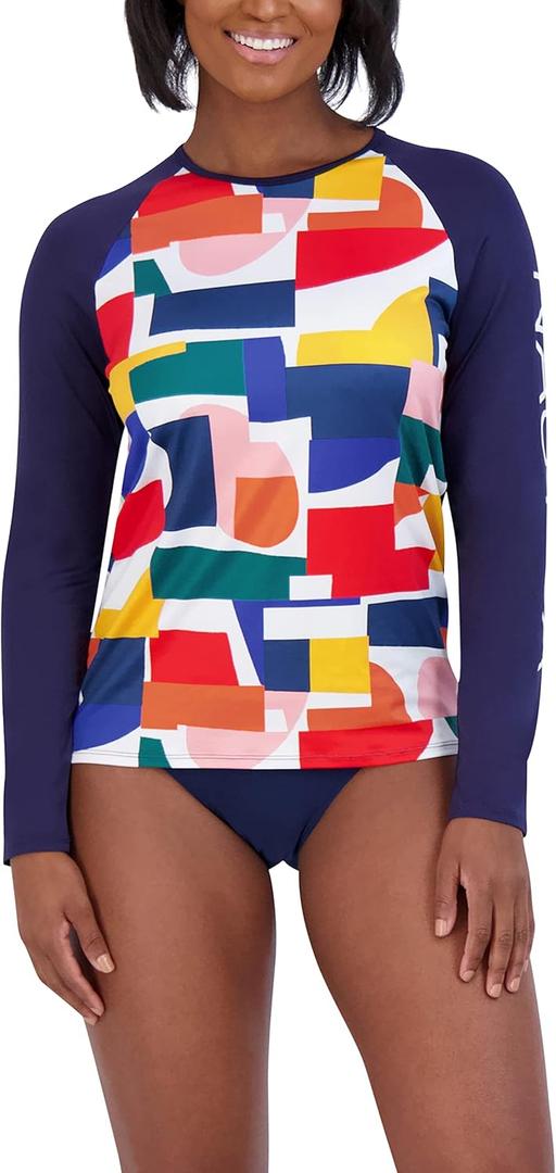 Nautica Womens Rashguard  Quick-Dry, UPF Protection, Swim Shirt, Pool, Beach, Hiking, Yoga, Volleyball (X-Large, Block Multi)