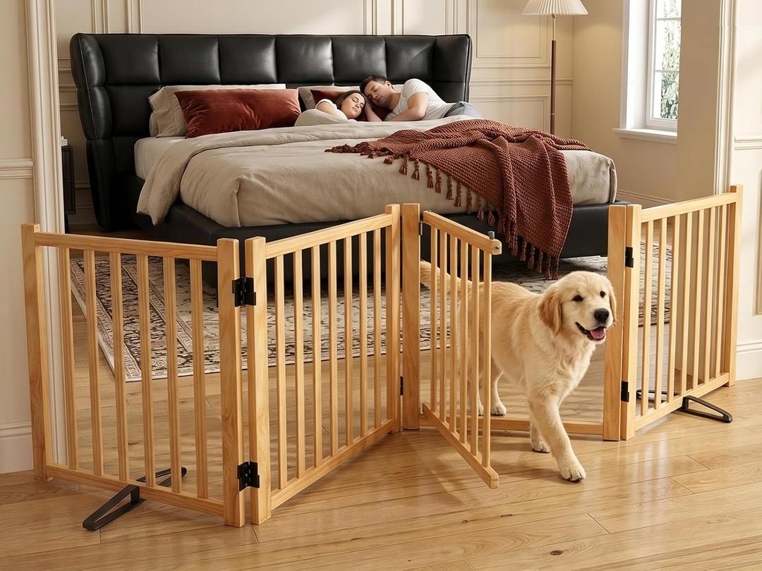 Wooden Freestanding Dog Gate Indoor with Door, 23" H 4 Panels | No-Painted Foldable Puppy Gate Walk Through, Folding Portable Pet Fence For Stairs, Doorways, Hallways