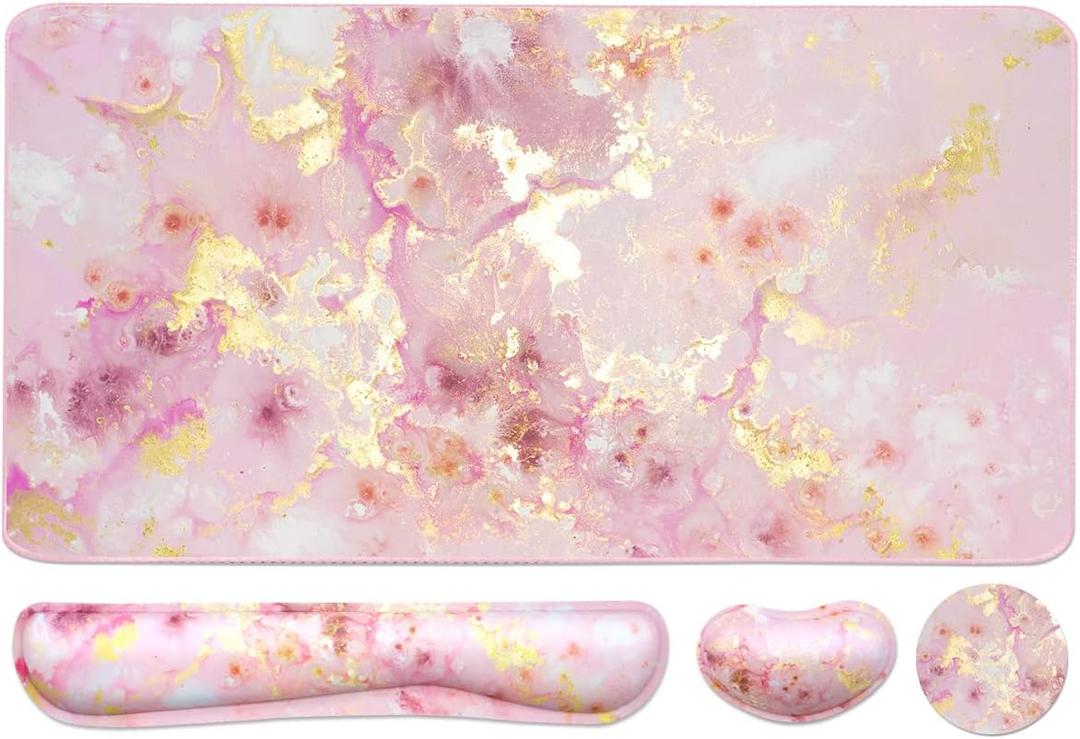 Keyboard Mouse Pad Set, Extended Mouse Pad+Keyboard Wrist Rest Support, Memory Foam Ergonomic Easy Typing, 3Pcs (35.415.7 in) Desk Pad Set for Home Office Study Game- Pink Gold Marble