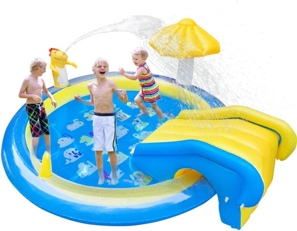 Dinosaur Inflatable Play Center, Kids Round Wading Swimming Pool with Slide, Dinosaur Sprinkle, Mushroom Shade for Kids Children Summer Outdoor Splish Splash, Garden Backyard Water Park, 87"x75"x31.5"