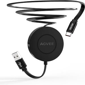 AGVEE 3ft Fixed / 2.3ft Extend USBA to C Charger Cable Mountable One Way Retractable 2.4A Fast Charging Cord, PocketSized for iPhone 16 15, Samsung, Android, Desk Organizer, Black