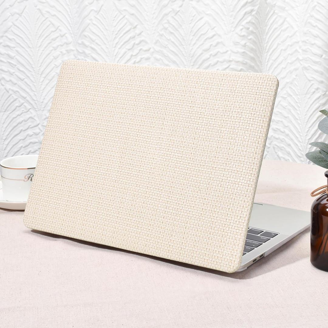 Seorsok Compatible with MacBook Air 13.6 inch Case 2022-2024 2025 A3240 M4 A2681 M2 A3113 M3 Touch ID, Elegant Leather Plastic Hard Case with Transparent Keyboard Cover, Beige Woven No Logo Cutout