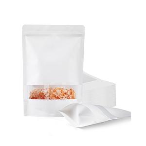 FireKylin 100 Pcs White Paper Bags with Window, 6.7" x 9.4" Stand Up Pouches, Zipper Food Storage Bags for Packaging Products, Reusable, Sealable