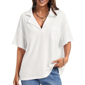 LilyCoco Womens V Neck Collared Shirt Casual Summer Short Sleeve Loose Fit T Shirts White Large