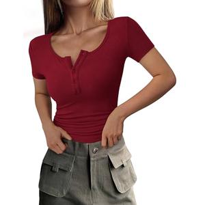 PRETTYGARDEN Women's 2025 Fall Summer Short Sleeve Tops Ribbed Henley Button Slim Fit Basic Casual T Shirts Blouse Clothing (Wine Red,Large)