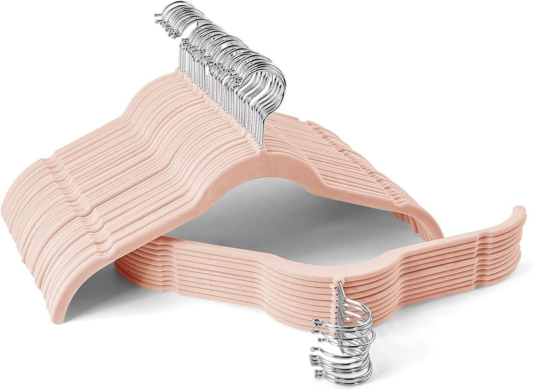 Premium Velvet Shirt Hangers 50 Pack, Non-Slip 360 Swivel Hook Space-Saving Felt Hanger, Slim Flocked Hangers for Blouses, Strappy Dresses, Tank Tops(Pink)