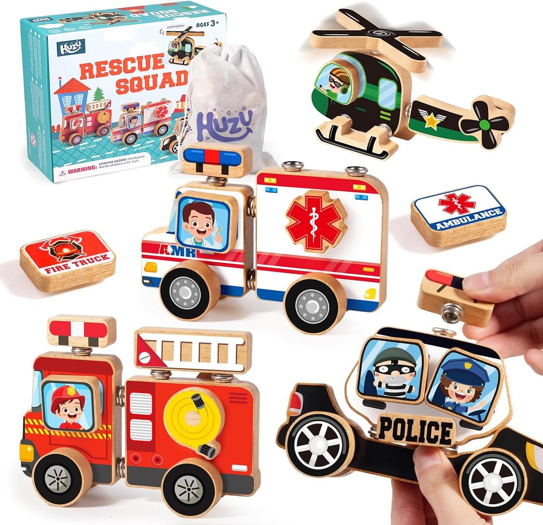 HUZU Emergency Vehicles 3D Puzzle Toy, Rescue Squad Wooden Snap Button Connection Building Blocks for Kids 3-8, Fire Truck Ambulance Police Car Helicopter Montessori Gifts for Preschool Children, Medium to Large