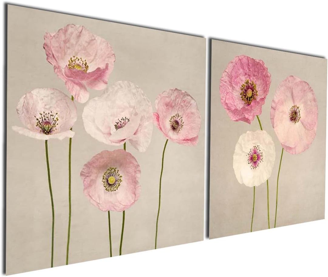 Gardenia Art - Pink Flowers Modern Canvas Wall Art 12x12 inch,2 Pcs, Stretched and Framed (12.00" x 12.00", Pink Poppies)
