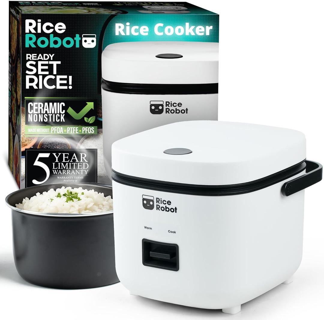 Rice Robot Personal Rice Cooker, PFAS-free, Nonstick. 1 Quart Capacity, with Stainless Steel Steamer Tray, Measuring Cups, Recipe Book with 60 Recipes, and Serving Spoon, As Seen On TV (2-Cup (Uncooked) | 4-Cup Cooked)