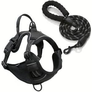 Dog Harness and Leash Set, Adjustable No-Pull Pet Vest with Matching Braided Rope Lead, Black, Red, Blue Colors, for Small Medium Large Dogs (Black, S)