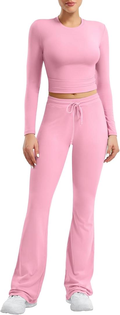 YEOREO Two Piece Sets for Women Long Sleeve Tops Lounge Set Drawstring Wide Leg Pants Ava Matching (Large, Pink)