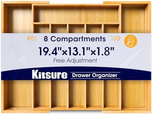 Kitsure Large Bamboo Silverware Organizer - Expandable Drawer Organizer for Utensil, Cutlery and Flatware, Kitchen Storage Solution with 6 to 8 Slots, Natural, 19.4" × 13.1" × 1.8"