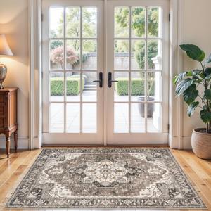 RUUGME Washable 3x4 Entryway Rug - Vintage Low Pile Area Rugs Non-Slip Stain Resistant Carpet for Entrance Kitchen Hallway Soft Thin Indoor Floor Decor Mat for Bedroom Front Door Bathroom(Beige,3x4)