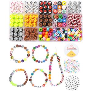 HSONAIGEE 600 Pieces Sport Ball Clay Beads for Jewelry Making, Sport Polymer Clay Beads Basketball Soccer Volleyball Football Beads Charms for Bracelets Necklace Crafts Kits for Adults Women