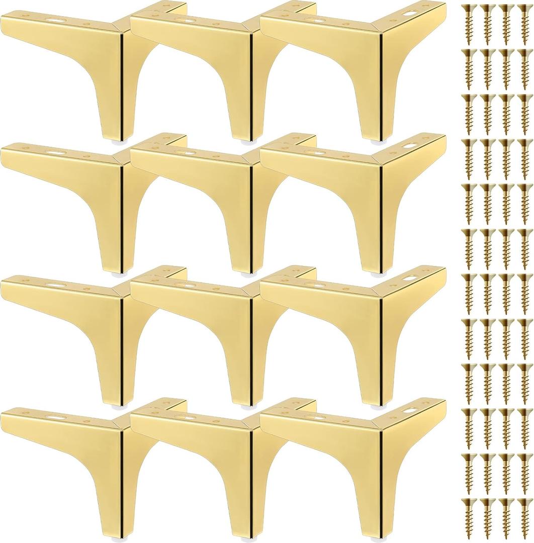 Chumia 12 Pieces 4 Inch Metal Triangle Furniture Legs Modern Style Dresser Sofa Feet DIY Replacement Legs for Chairs Table Cabinet Cupboard Sofa Couch Ottoman(Gold)