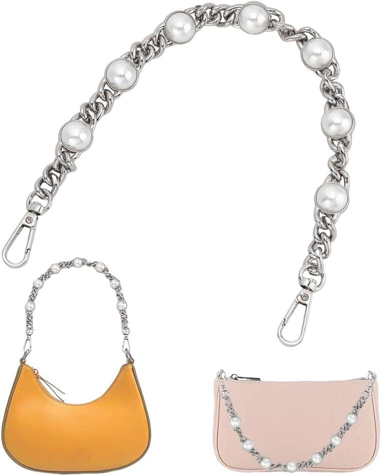 WADORN Pearl Purse Replacement Chain, 14.1 Inch Large Pearl Bead Short Bag Handle Strap Bag Charms Crossbody Decoration Chain for Satchel Clutch Shoulder Hobo Bag Dumpling Pouch, Platinum