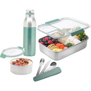 Eco-friendly Bento 8-Piece Lunch Kit - Sage color - Box with 3 compartments, Snack Box, 16.9 fl oz Bottle, 3 piece Cutlery