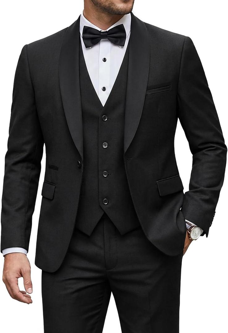 YND Men's 3 Piece Tuxedo Set with Bow Tie, Slim Fit One Button Shawl Lapel Suit Blazer Vest Pants, for Wedding Prom Dinners (Black) Medium 