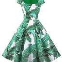 PUKAVT Women's Cocktail Party Dress Cap Sleeve 1950 Retro Swing Dress with Pockets Green Leaves S