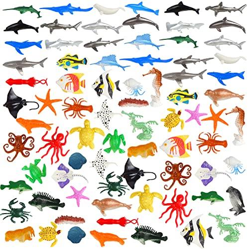FINGOOO 80 Pieces Sea Creatures Toys for Kids,Assorted Vinyl Plastic Ocean Animals Toys for Party Favors Classroom Educational Goodie Bag Filler Cupcake Topper