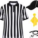 Men's Referee Costume Kit,Referee Shirt Stripe Umpire Jersey,Hat,Stainless Steel Whistle with Lanyard,Penalty Flag for Football Soccer Sports and Halloween Cosplay Outfits (Medium)