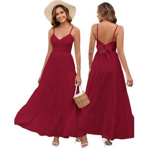 HTZMO Women Summer Floral Maxi Sundress Boho Beach Long Dress | Wedding Guest Bridal baby Shower Vacation Party Dresses 2026, Bow Tie A Line Flowy V Neck Spaghetti Strap (Red, L)