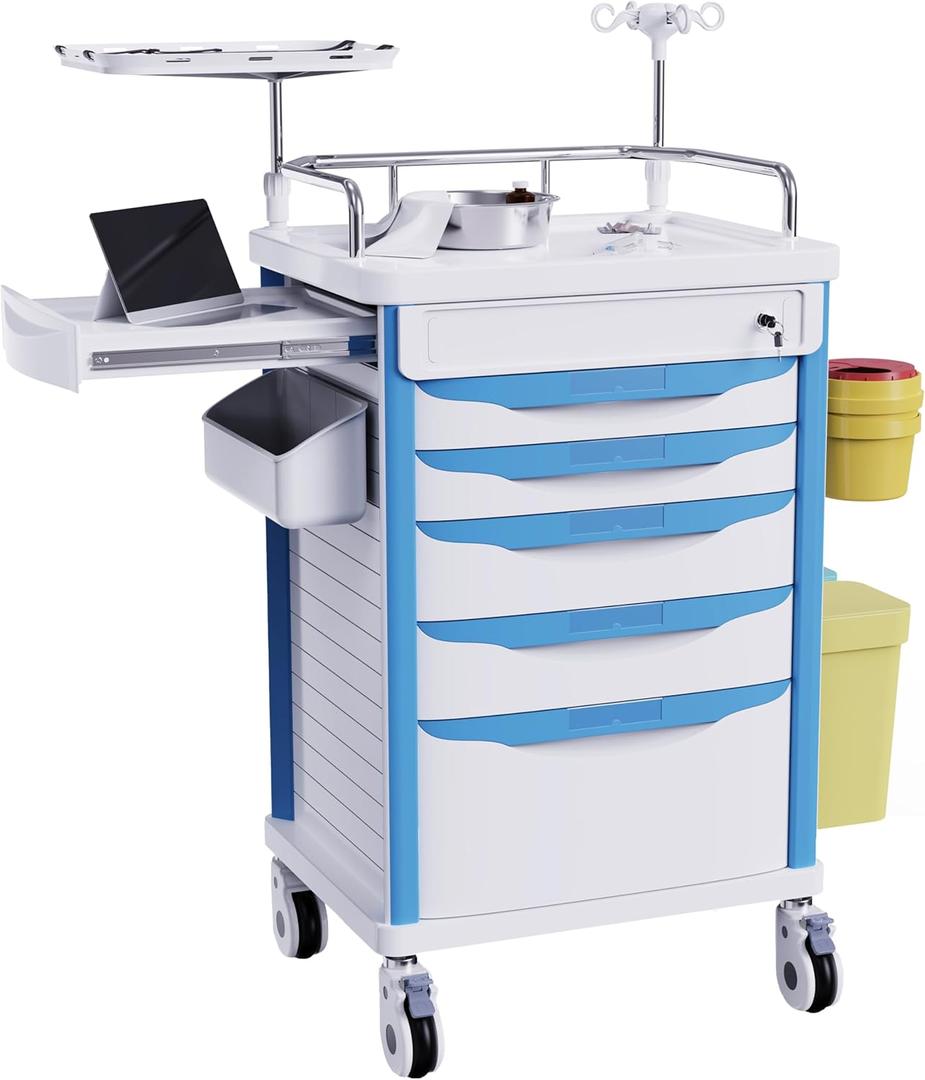 Medical Rolling Storage Crash Cart with Wheels - Adjustable IV Pole, Silent Casters, Needle Disposal Holder, Trash Bin, O2 Holder - Nursing Emergency Cart for Clinic, Hospital, Salon, Lab (24.619.137.1 inches, White&blue)
