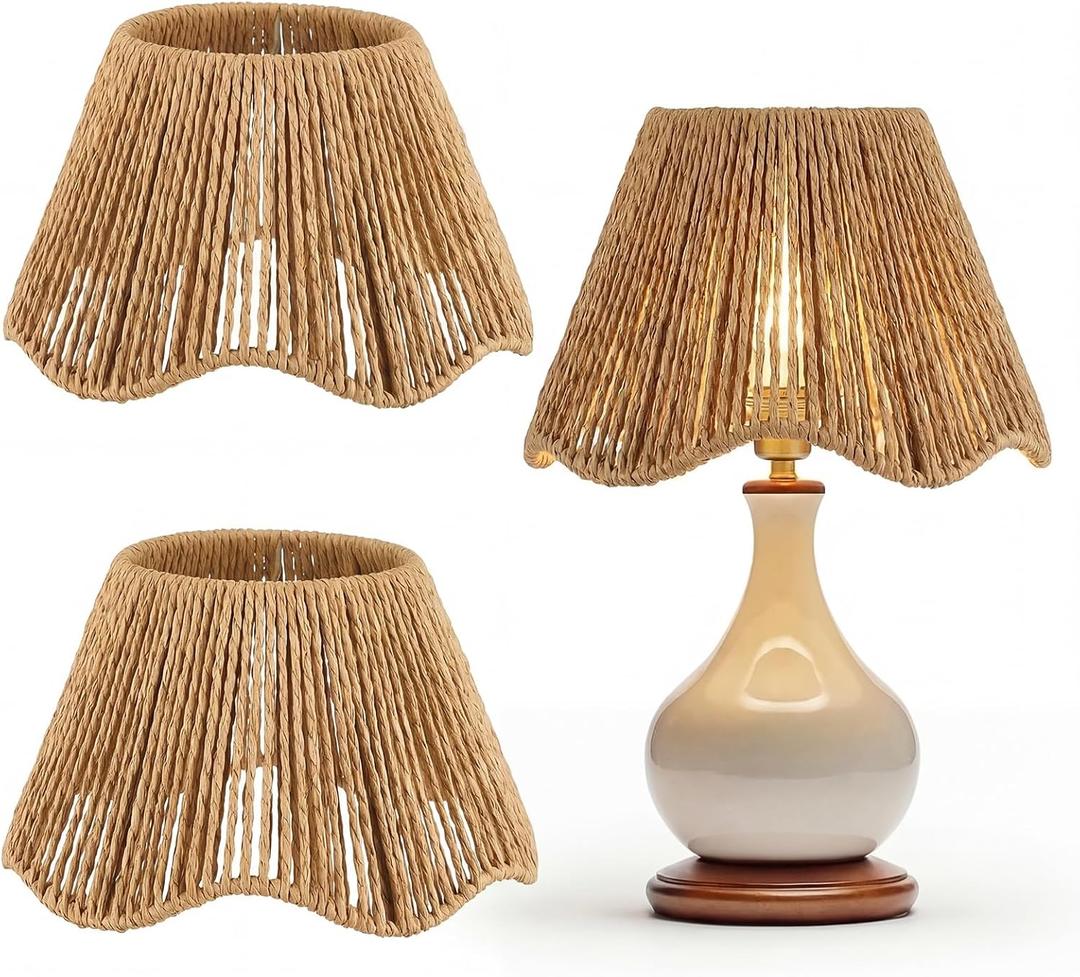 VIHOSE 2 Pack Rattan Lampshade Boho Vertical Striped Rattan Lampshade Replacement with Petal Edges for Table Chandelier Wall Lamp Living Room Bedroom Farmhouse(Brown)