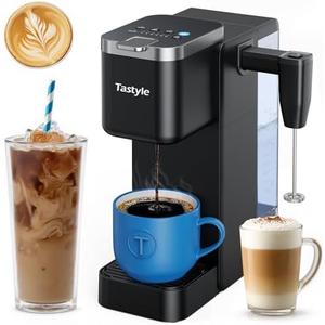 Tastyle Single Serve Coffee Maker with Rechargeable & Detachable Milk Frother, Iced and Hot Coffee Machine for K Cup & Grounds, 40oz Removable Water Reservoir, 6 Cup Sizes, Fits 7.3" Travel Mug, Black