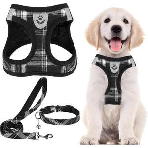 PUPTECK Adjustable Dog Harness Collar and Leash Set Step in No Pull Pet Harness for Small Medium Dogs Puppy and Cats Outdoor Walking Running, Soft Mesh Padded Reflective Vest Harnesses, Black S (S (CHEST 14.5"-16"))