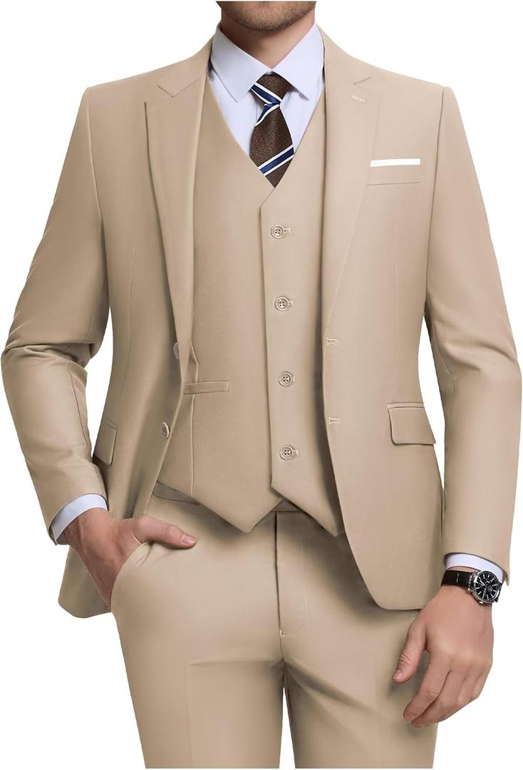 Men's 3 Piece Slim Fit Suit Set, Two Button Blazer Solid Jacket Vest Pants Wedding Business Suit (5X-Large, Champagne)